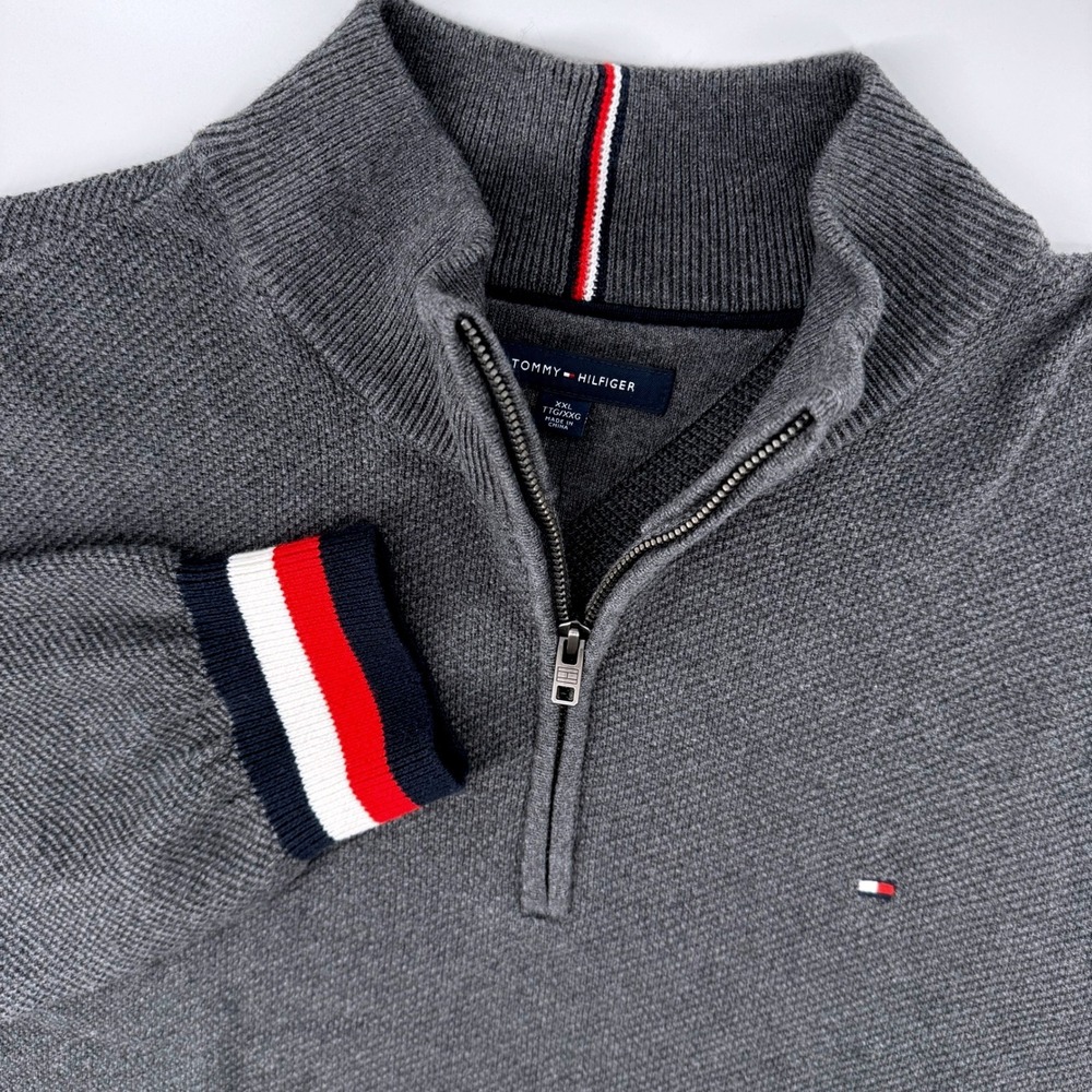 Tommy Hilfiger Quarter Zip Sweater Pullover Mens XXL Gray Waffle Knit Striped